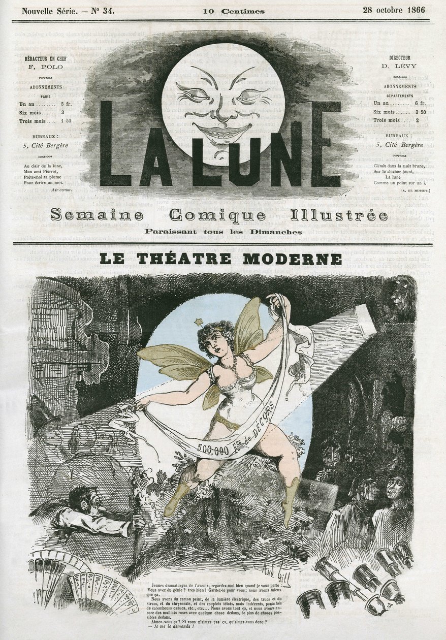Le Theatre Moderne in Parijs. Karikatuur door Gill, in 