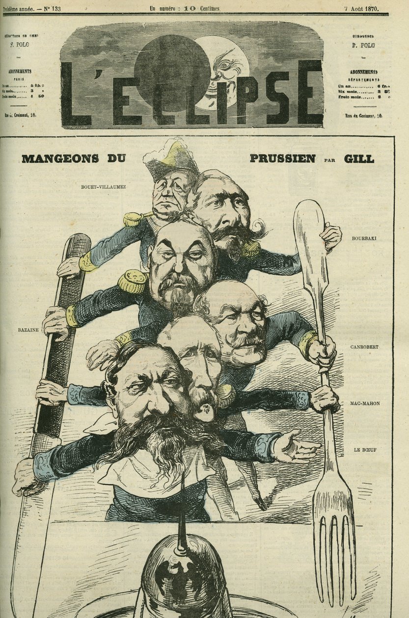 Laten we Pruisisch eten met generaals Le Boeuf (1806-1893), Mac-Mahon (1808-1893), Francois Achille Bazaine (Francois-Achille door Andre Gill