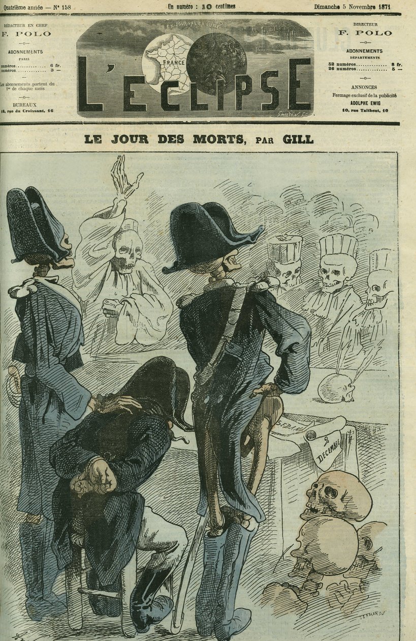 Op de dag van de doden, Napoleon III (1808-1873) voor een skeletvergadering voor de nederlaag van Sedan. Omslag in 