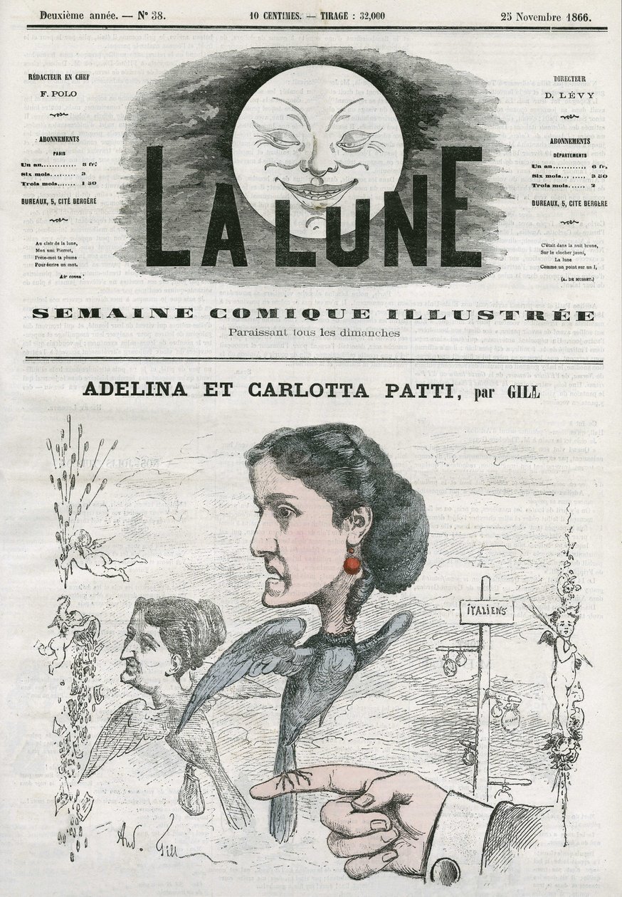 Portret van Adelina (1843-1919) en Carlotta Patti (1835-1889), Italiaanse operazangers. Cartoon door Gill, in 