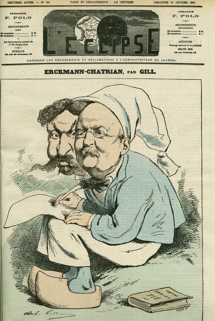 Portret van Alexandre Chatrian (1826-1890) en Emile Erckmann (1822-1899), bekend als Erckmann-Chatrian, duo van Franse romanschrijvers. Omslag in 