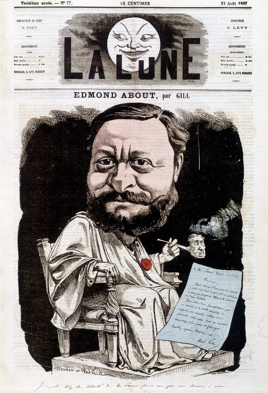 Portret van Edmond About, Franse schrijver (1828-1885). In La lune, 25/08/1867. Karikatuur door Gill. door Andre Gill