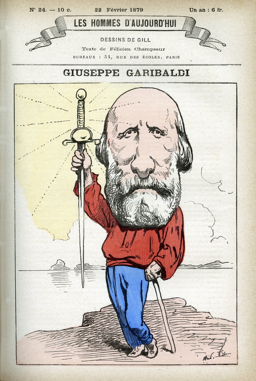 Portret van Giuseppe Garibaldi, Italiaanse politicus. Karikatuur door Gill, in 