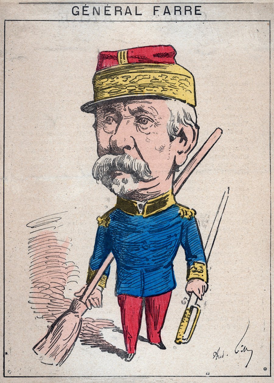 Portret van Jean Joseph Frederic Albert Farre (1816-1887), een Franse soldaat, hij werd in 1870 benoemd tot generaal en minister van oorlog - Cartoon door Andre Gill in 