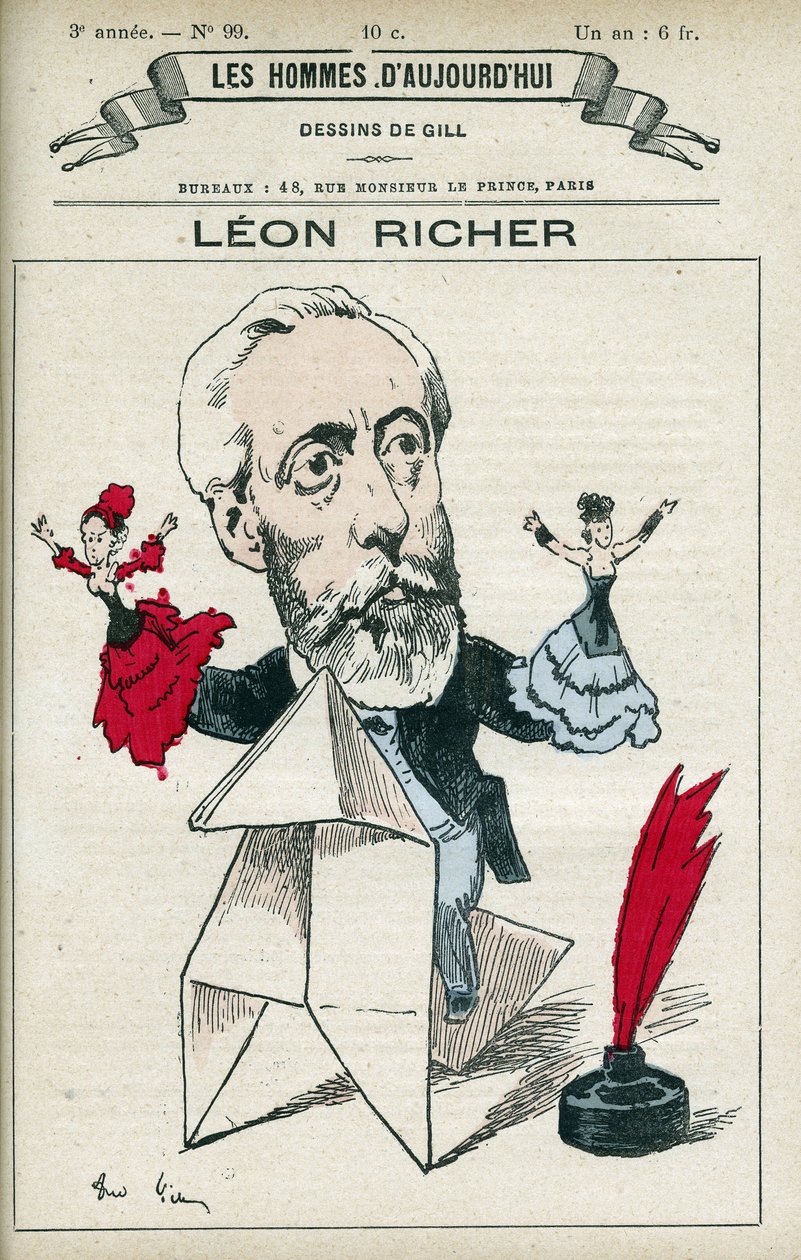 Portret van Leon Richer (1824-1911), een Franse journalist en intellectueel, hij richtte de Association pour le droit des femmes en de Ligue française pour le droit des femmes op in 1882. Karikatuur door Gill, Parijs door Andre Gill