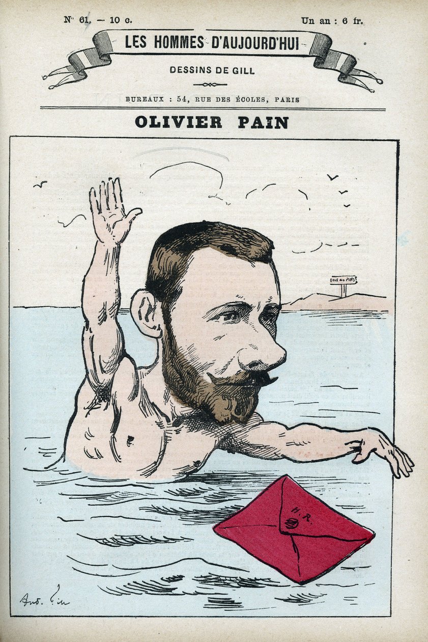 Portret van Olivier Pain, een Franse en Communard politicus, hij was de metgezel van bagne en ontsnapping van Henri Rochefort (1831-1913). Cartoon door Gill, Parijs. door Andre Gill