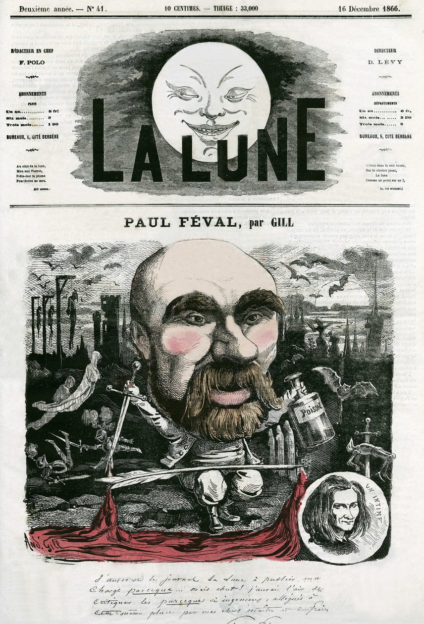 Portret van Paul Féval (1816-1887), Franse schrijver. Cartoon door Gill, in 