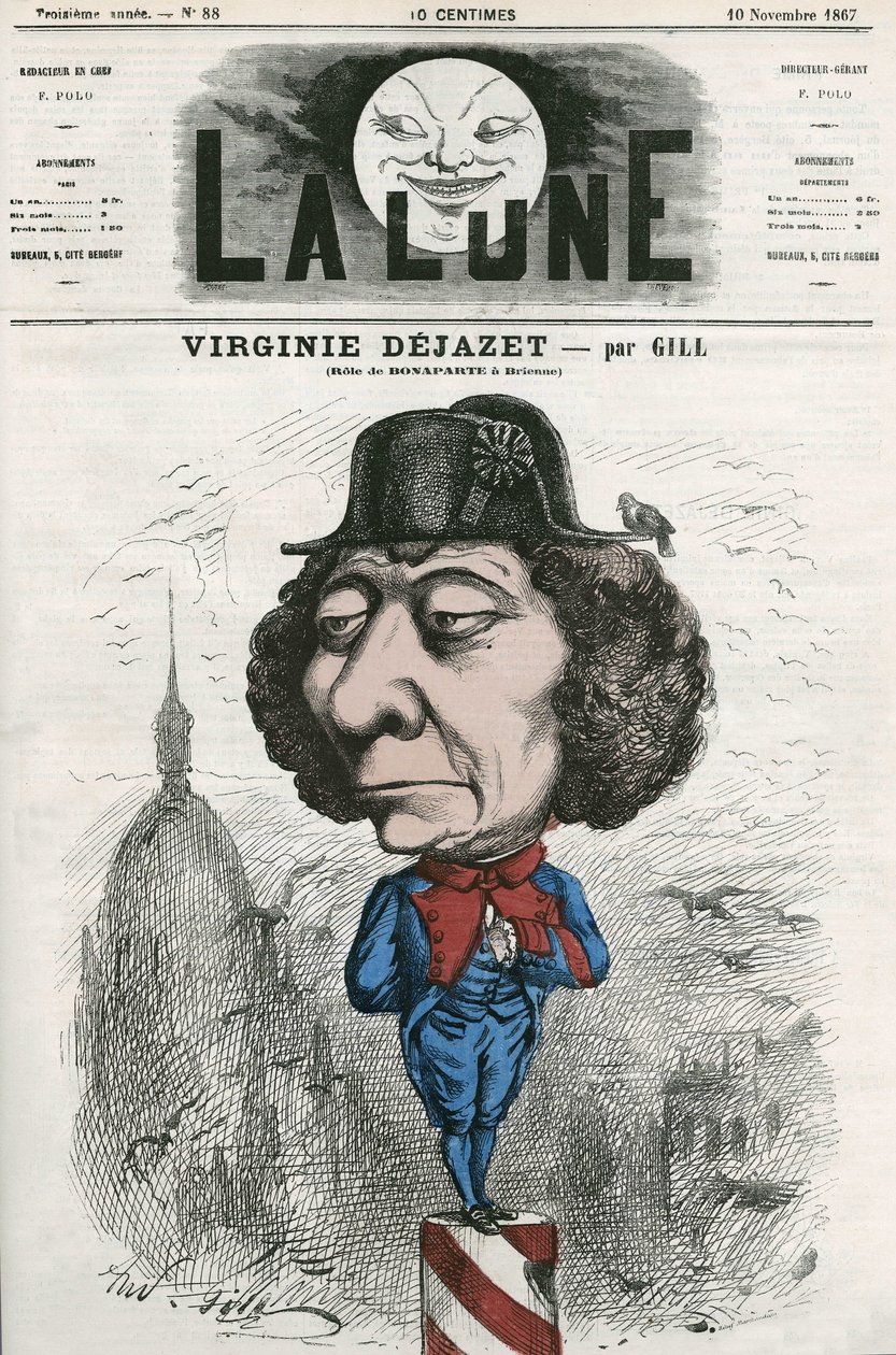 Portret van Virginie Dejazet (1798-1875), Franse actrice in de rol van Bonaparte. Cartoon door Gill, in 