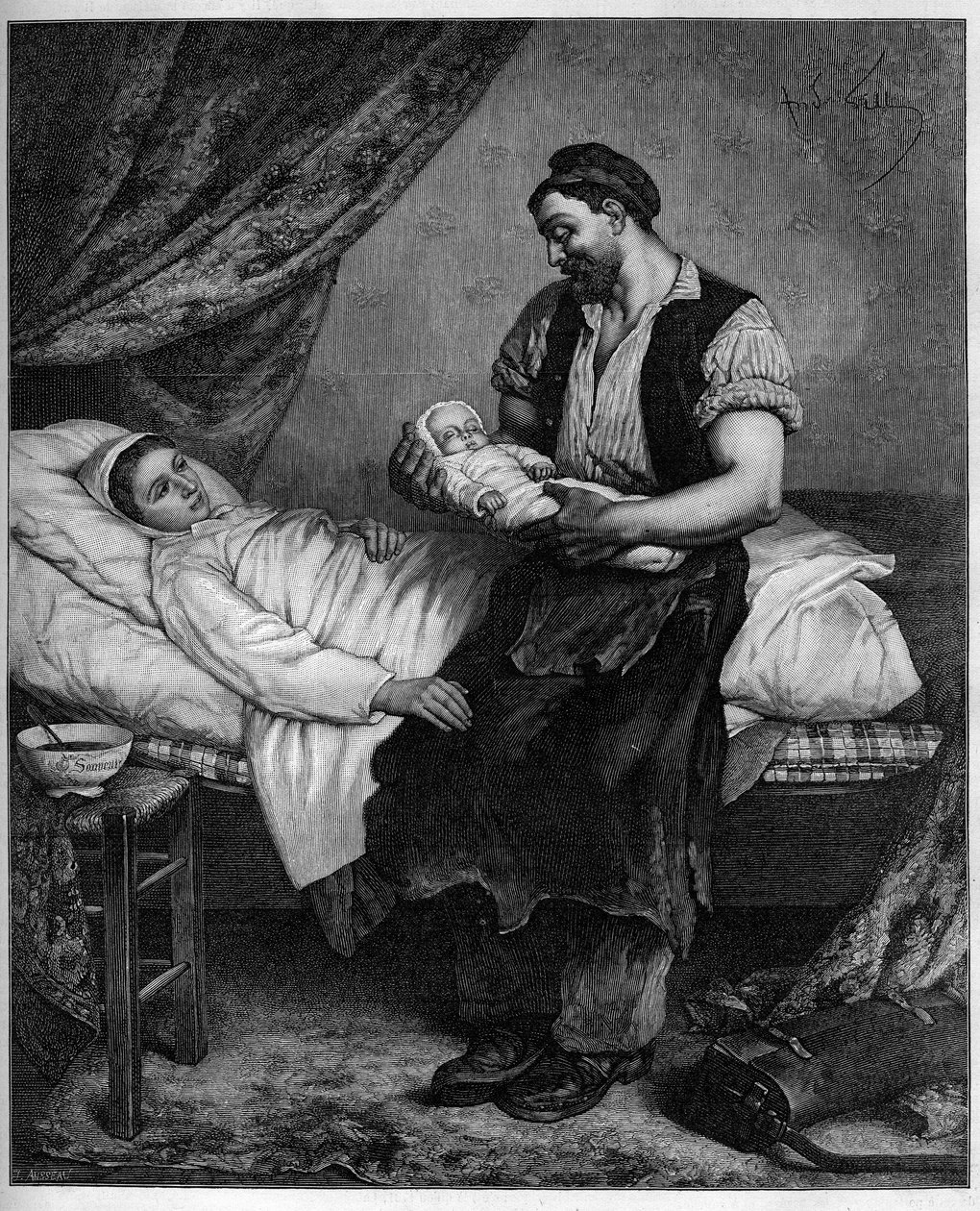 De nieuwe (pasgeborene). Gravure naar het schilderij van Andre Gill (1840-1885) in "The Illustrous World" n°1283 van 29 oktober door Andre Gill