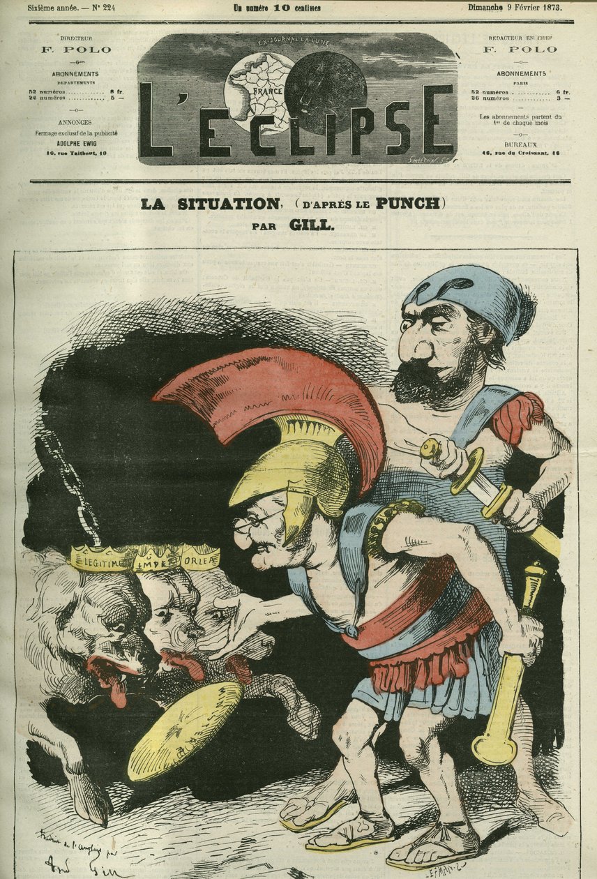 De situatie, cartoon door Adolphe Thiers (1797-1877) en Leon Gambetta (1838-1882) die een ministerie geven aan royalistische en bonapartistische honden. Omslag in 