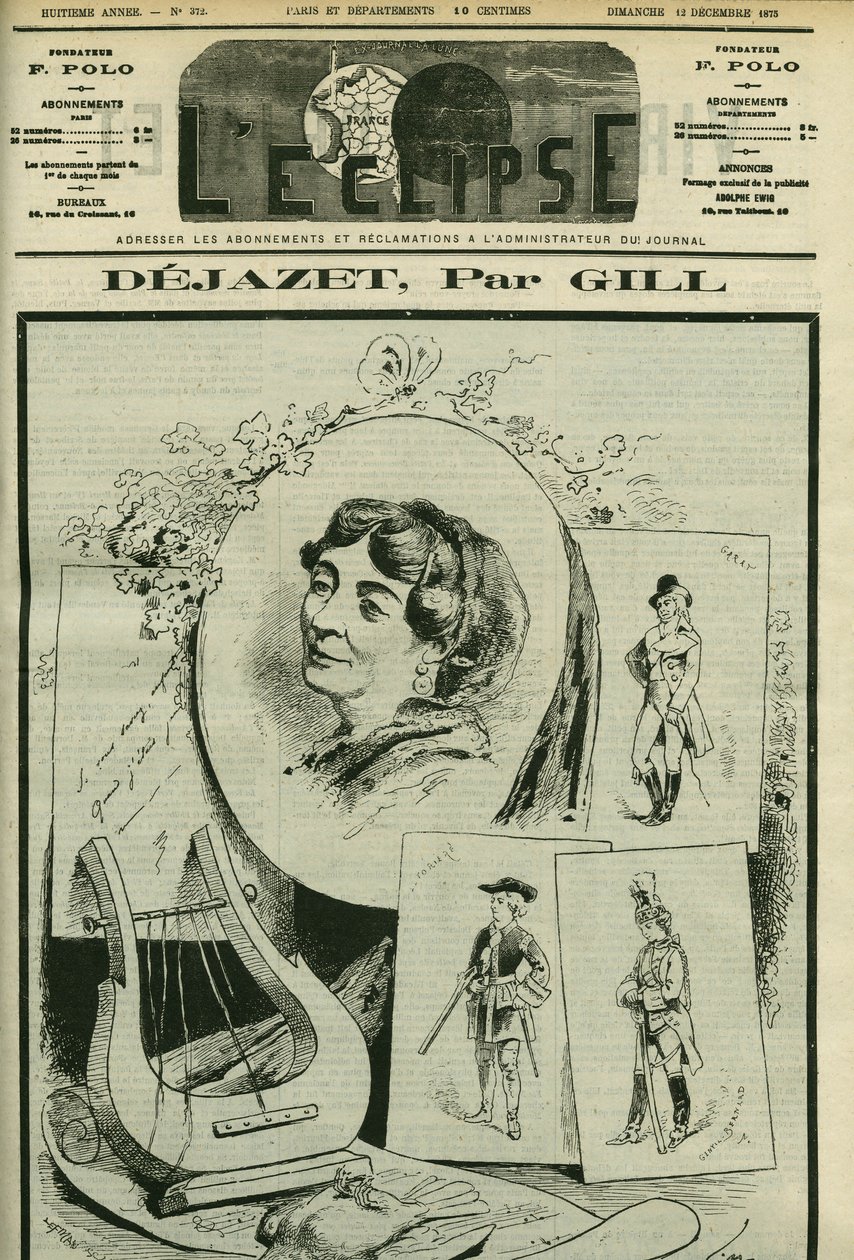 Hulde en portret van Virginie Dejazet (1797-1875), opera-komische zangeres. Omslag in L