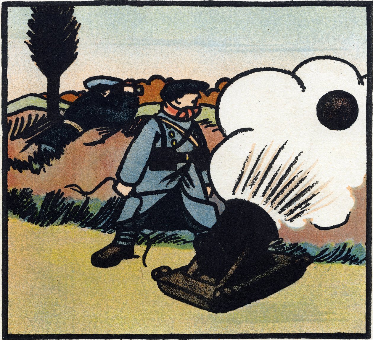 Eerste Wereldoorlog 1914-1918: Bomlanceerder. Een Franse soldaat stuurt bommen naar de vijand met een kanon. Gravure in 