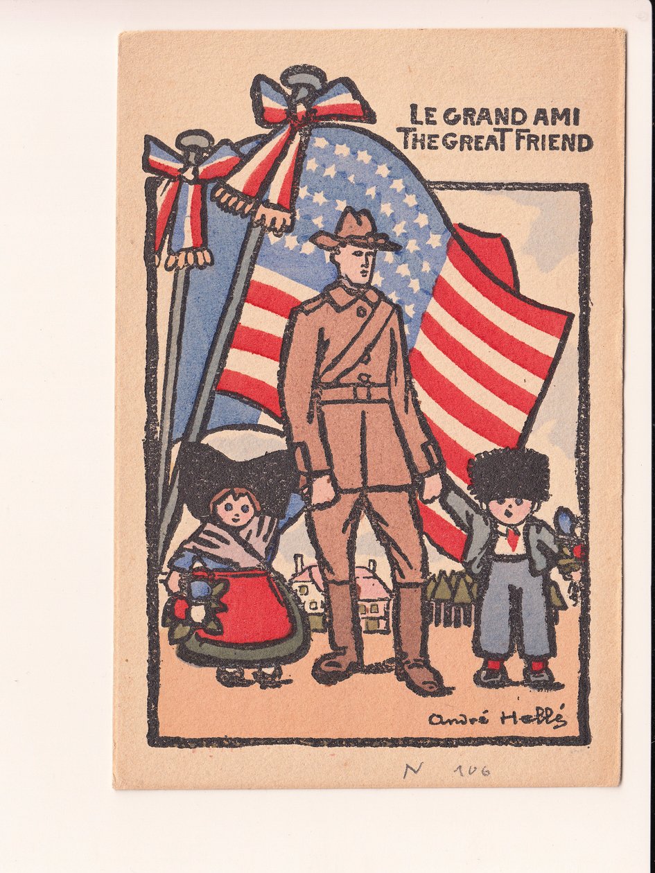 Ansichtkaart, Satirisch in Kleuren: Le grand ami de grote vriend - Oorlog van 14 -18, Amerika, Elzas-Lotharingen Illustratie door Andre Helle (1875-1945) door Andre Helle