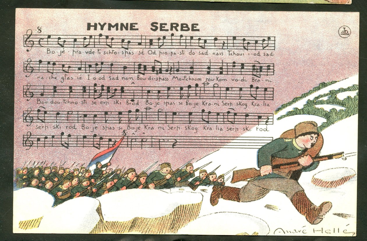 Satirische Ansichtkaart: Servisch Volkslied - Oorlog van 14-18, Lied, Servië - Soldaten Illustratie door Andre Helle (1875-1945) door Andre Helle