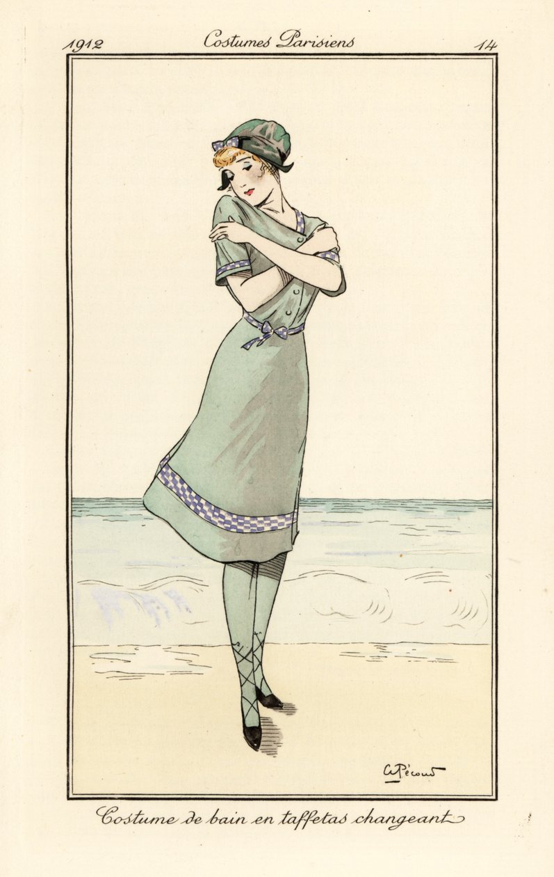 Vrouw op het strand in zwempak van tweekleurige taffeta door Andre Pecoud