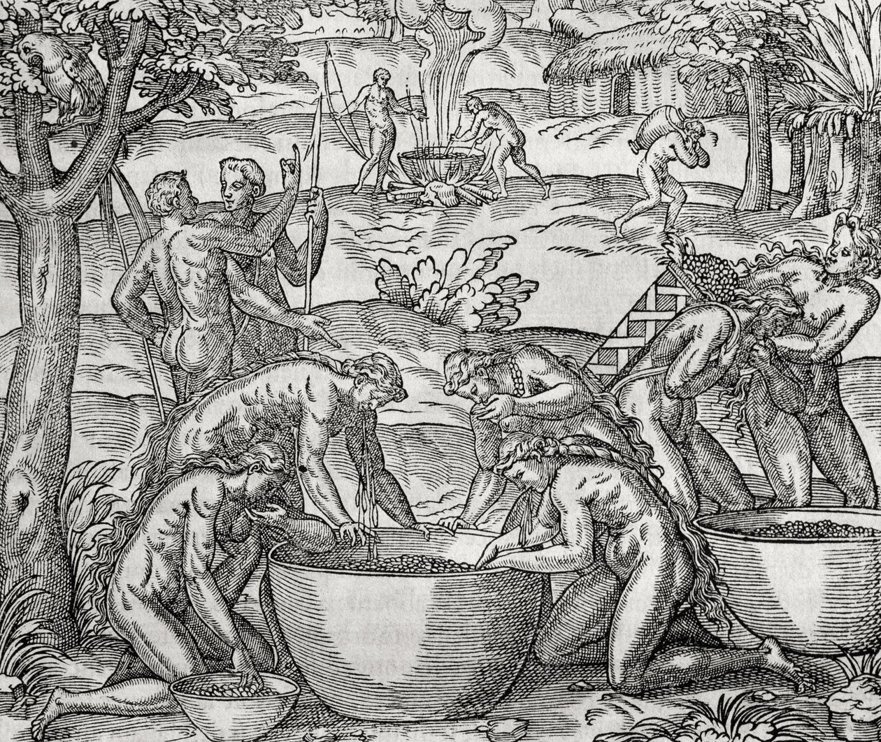Cap de Frie, vrouwen bereiden voedsel, gravure, Zuid-Amerika door Andre Thevet