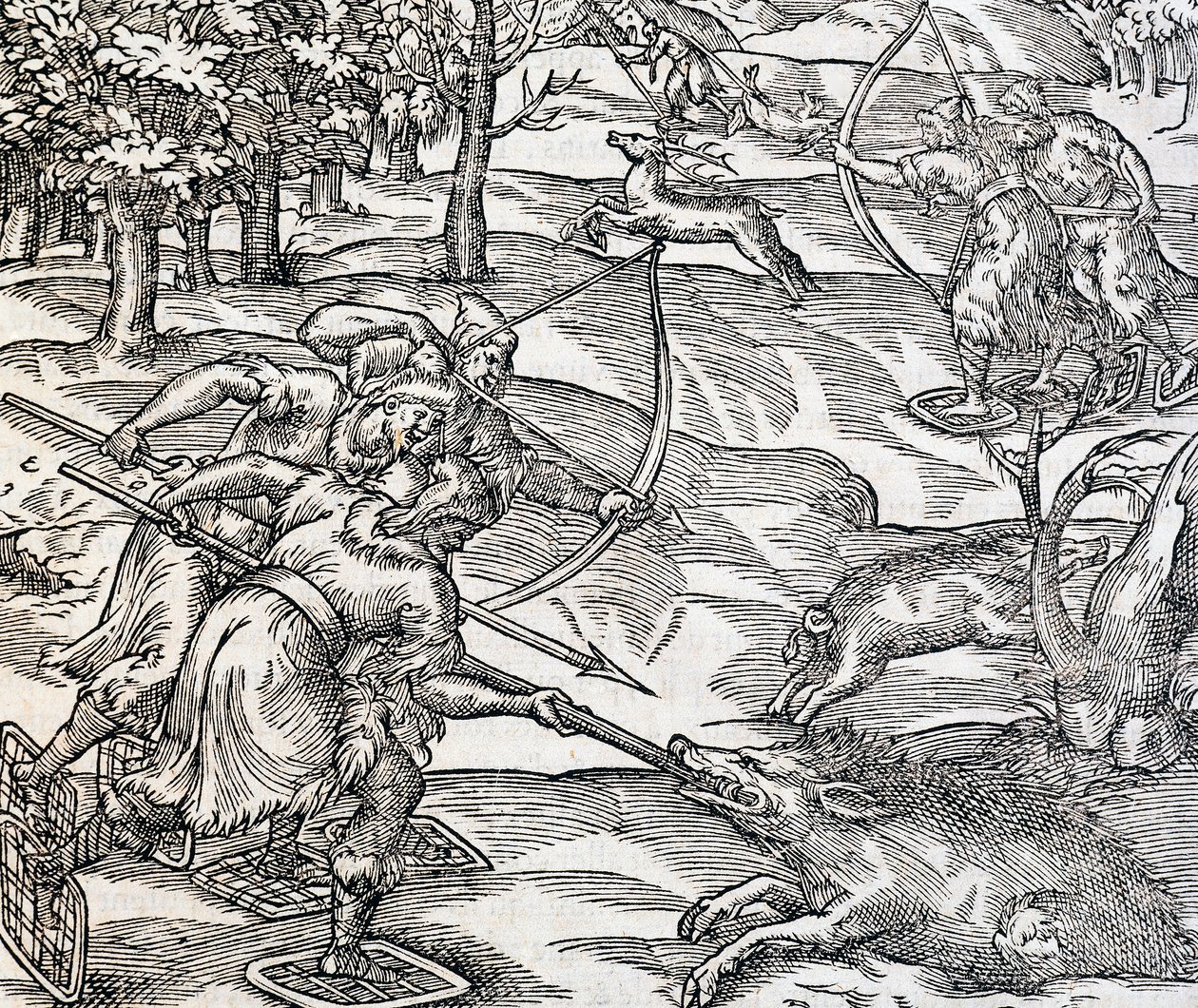 Indianen jagen op wilde zwijnen, gravure uit Universele Kosmologie, door Andre Thevet, Parijs door Andre Thevet