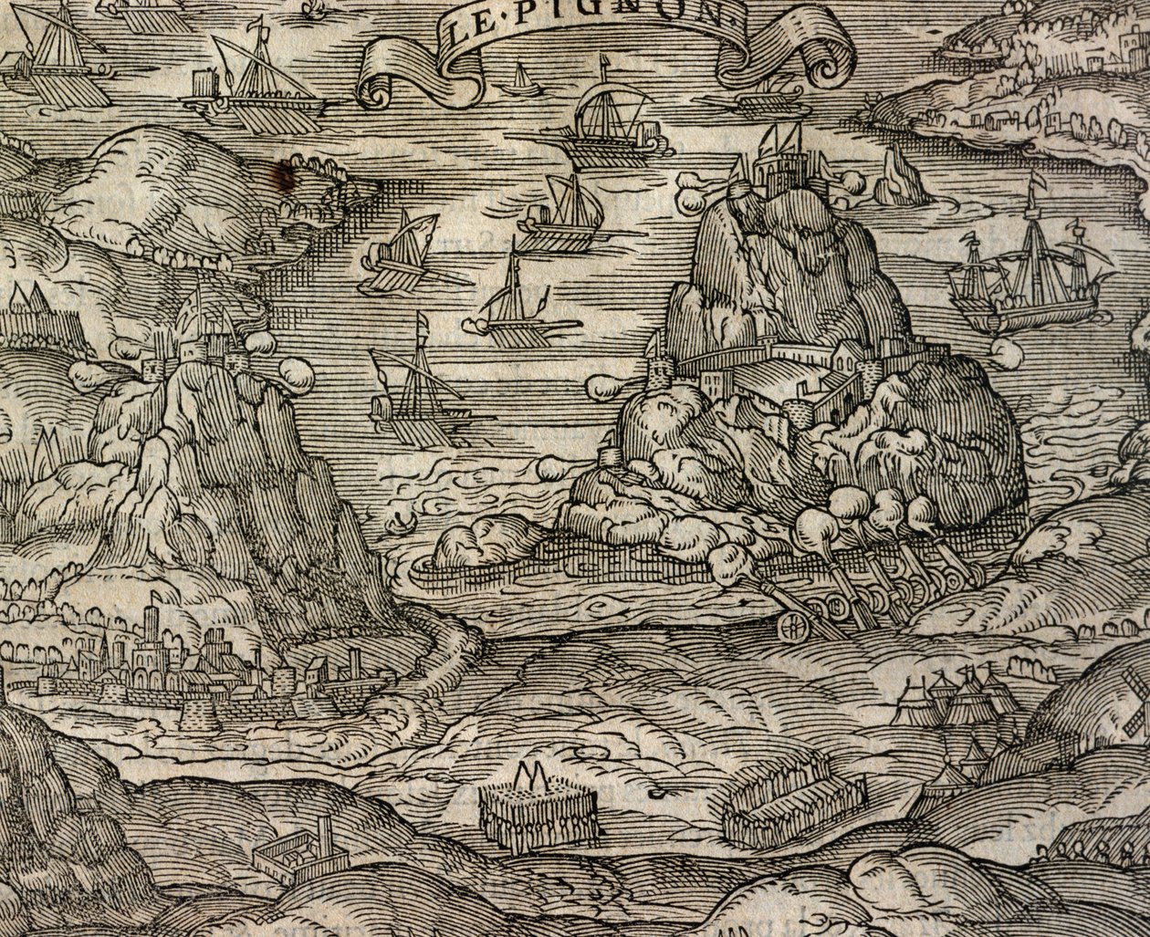 Zeeslag bij het eiland Le Pignon, gravure uit Cosmographie universelle, door Andre Thevet, Parijs door Andre Thevet
