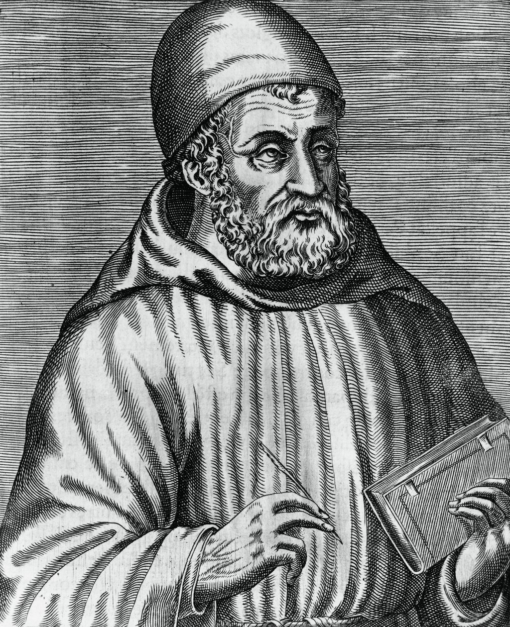 Portret van John Duns, ook wel Duns Scotus genoemd (1265 of 1266-1308), Schotse filosoof en theoloog, gravure door Andre Thevet (1504-1592) uit Les vrais pourtraits et vies des hommes illustres grecz, latins et payens door Andre Thevet