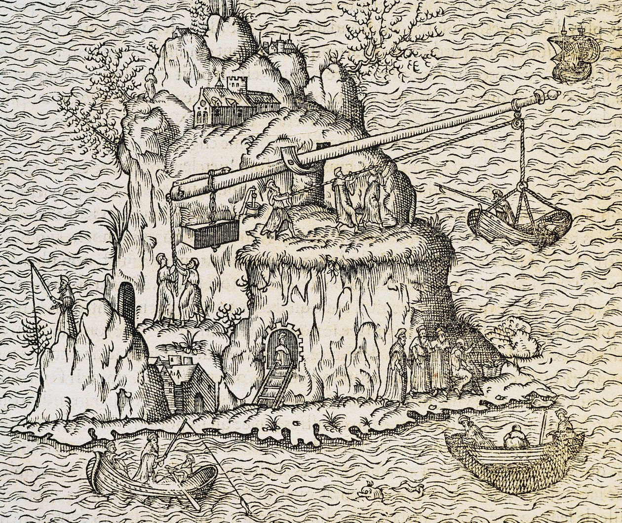 Transporttechniek voor boten op het eiland Kreta, gravure uit La Cosmographie Universelle, door Andre Thevet door Andre Thevet