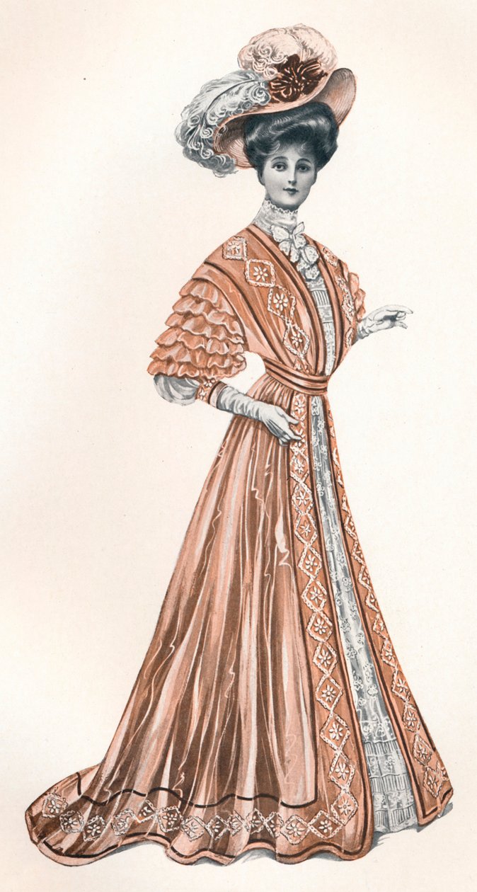 Een catalogusillustratie van een Edwardiaanse dame, ca. 1908 door Andre and Sleigh