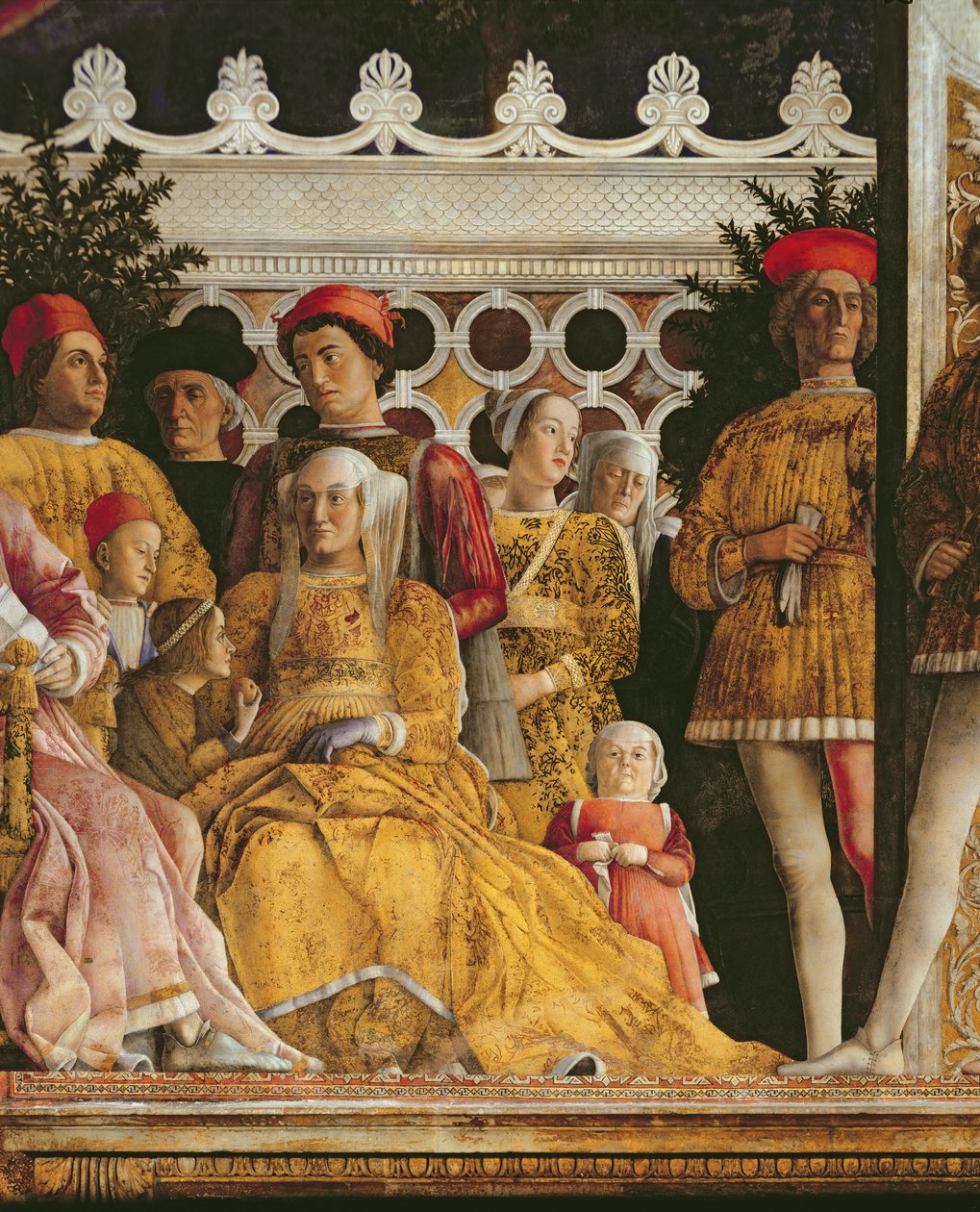 Detail van Barbara van Brandenburg, (vrouw van Markies Ludovico Gonzaga III van Mantua en hun kinderen en hovelingen), uit de Camera degli Sposi of Camera Picta, 1465-74 door Andrea Mantegna