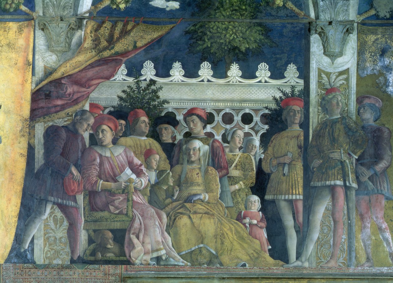 Markies Ludovico Gonzaga III van Mantua, zijn vrouw Barbara van Brandenburg, kinderen, hovelingen en hun hond Rubino, uit de Camera degli Sposi of Camera Picta, 1465-74 (detail) door Andrea Mantegna