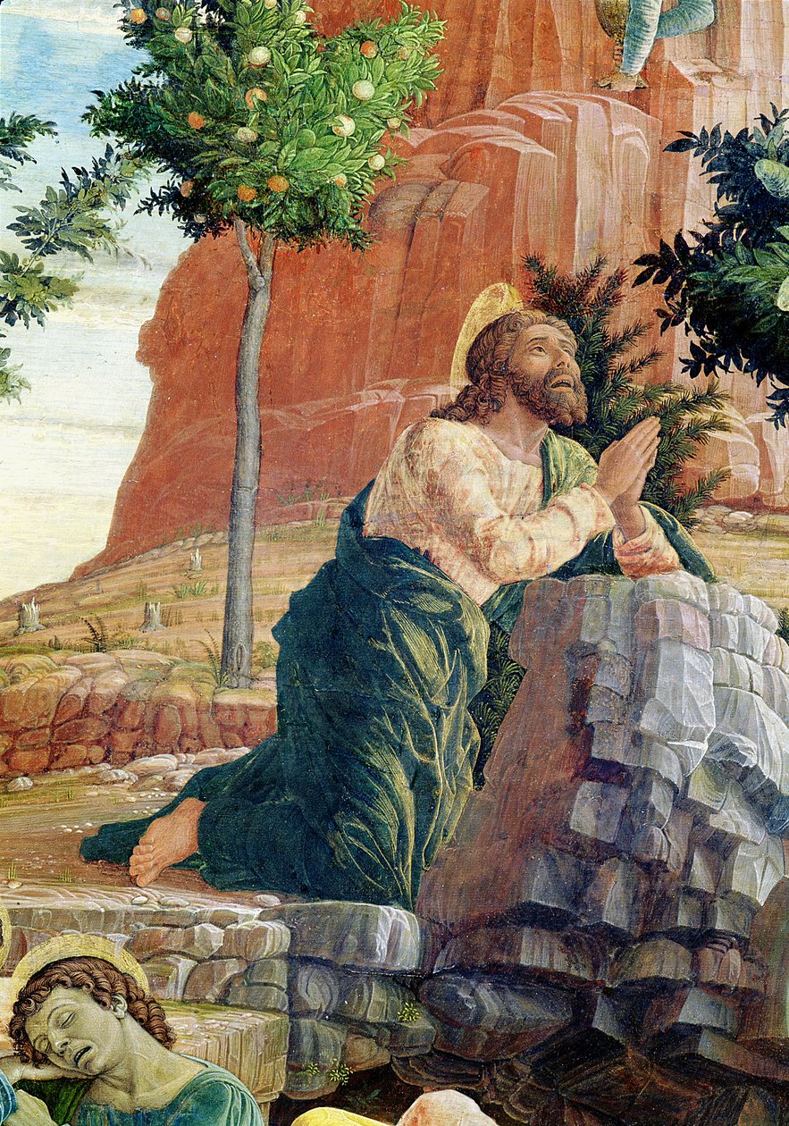 De doodsangst in de tuin, linker predella paneel van het altaarstuk van St. Zeno van Verona, 1456-60 (detail) door Andrea Mantegna