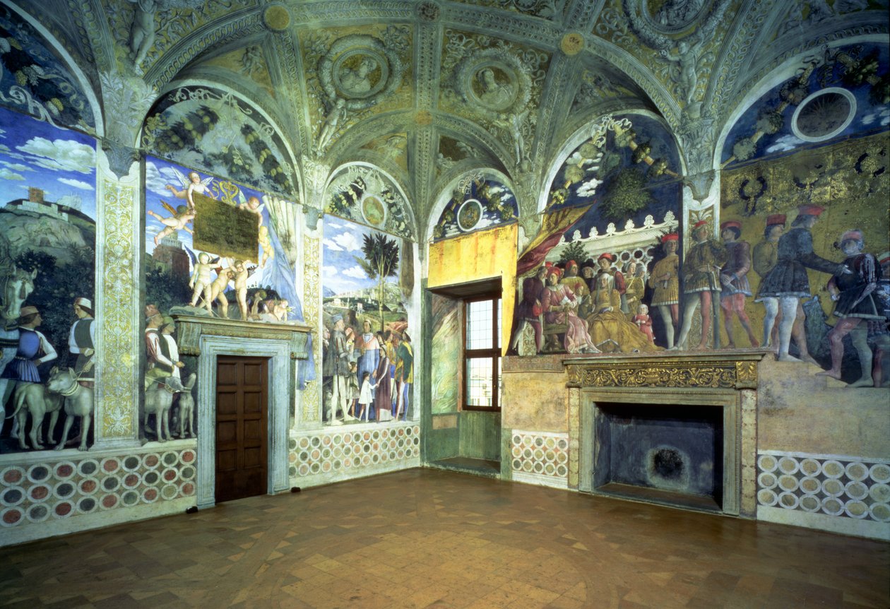 De Camera degli Sposi of Camera Picta met scènes uit het hof van Mantua, met de Marchese Ludovico Gonzaga III en zijn vrouw Barbara van Brandenburg, hun kinderen, hovelingen en dieren, 1465- door Andrea Mantegna