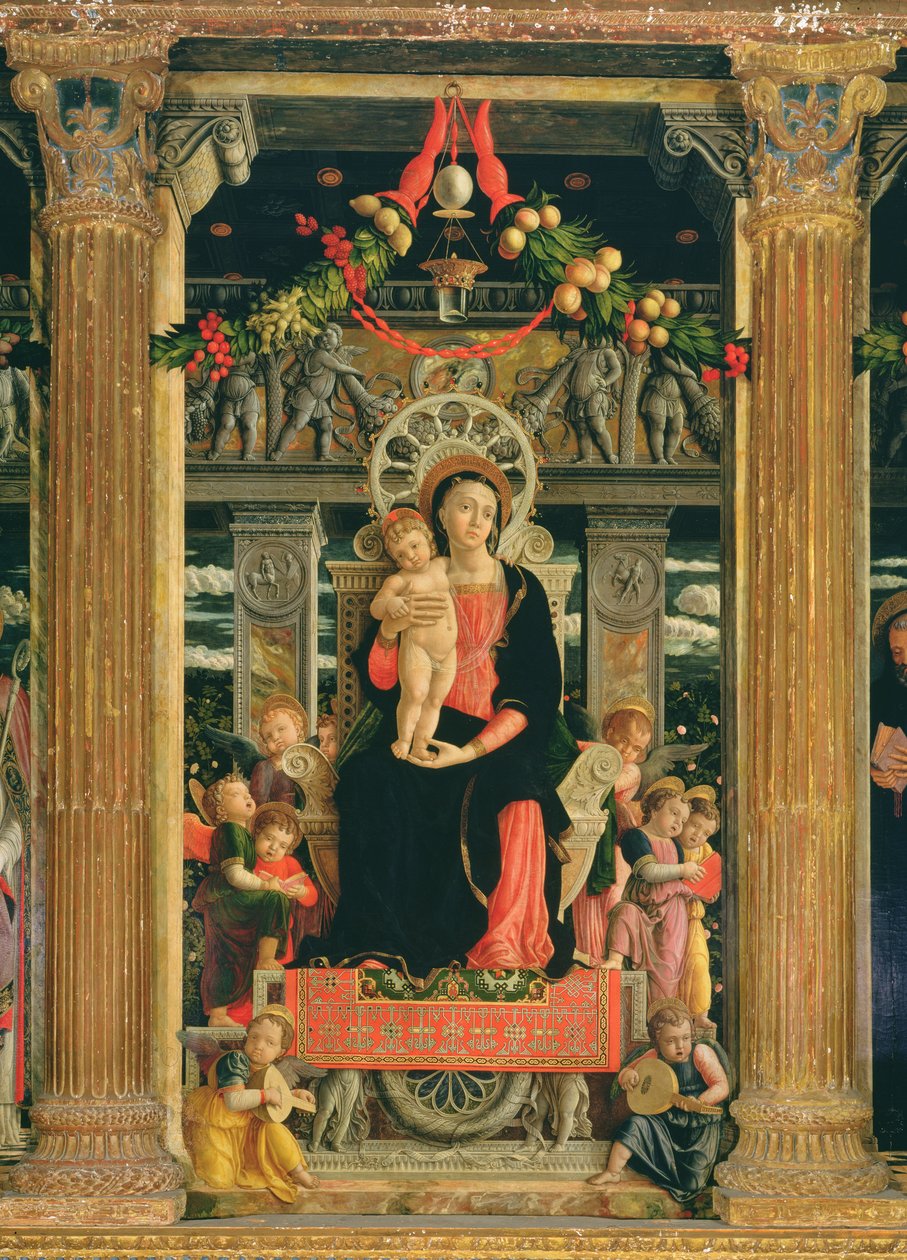 Maagd en Kind met engelen, centraal paneel van het altaarstuk van St. Zeno van Verona, 1456-60 (detail) door Andrea Mantegna