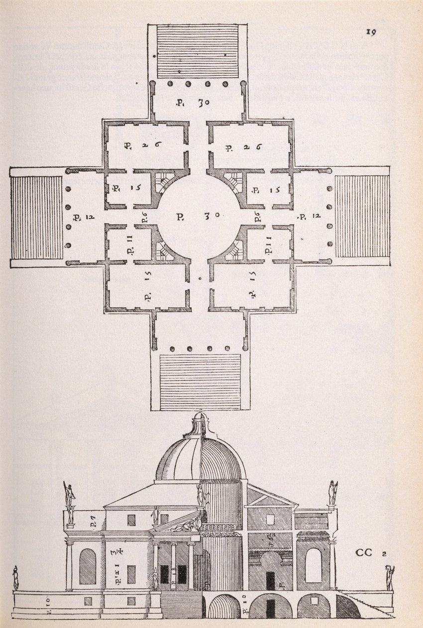 Plan en dwarsdoorsnede van Villa Rotunda, illustratie uit een facsimile kopie van 
