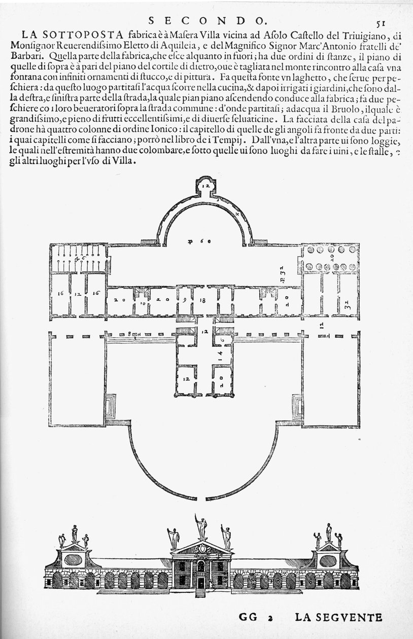 Plattegrond en aanzicht van Villa Barbaro, Maser, illustratie uit een facsimile kopie van 
