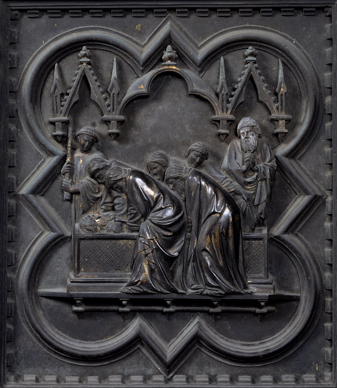 De begrafenis van Johannes de Doper, twintigste paneel van de zuidelijke deuren van de Baptisterium van San Giovanni door Andrea Pisano