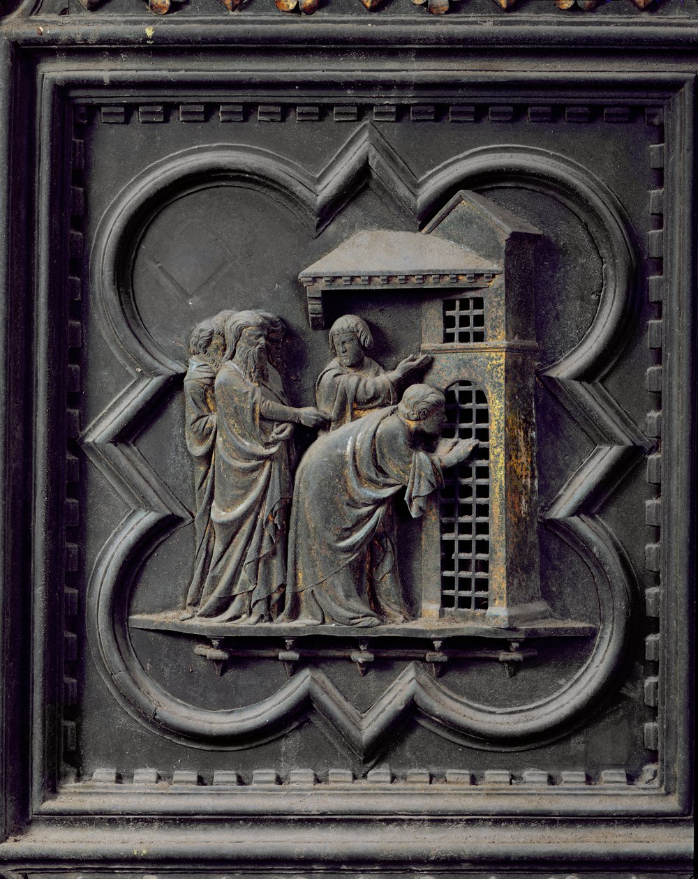 De discipelen bezoeken Johannes de Doper, dertiende paneel van de zuidelijke deuren van de Baptisterium van San Giovanni, 1336 (brons) door Andrea Pisano