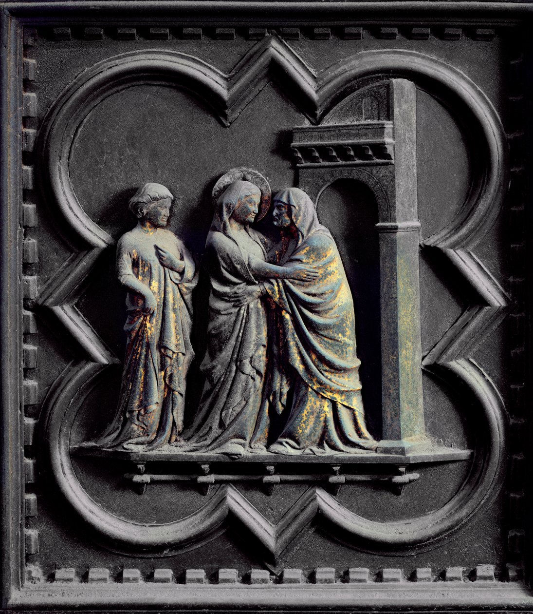 De Visitatie, derde paneel van de Zuiddeuren van de Baptisterium van San Giovanni, 1336 door Andrea Pisano