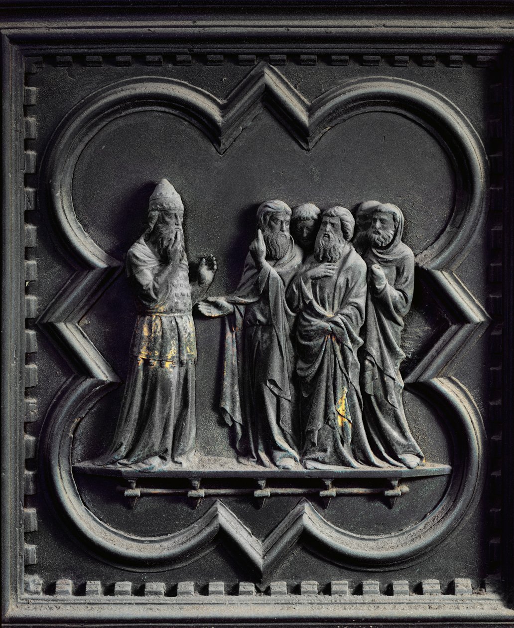 Zacharias wordt stom geslagen, tweede paneel van de Zuiddeuren van de Baptisterium van San Giovanni, 1336 door Andrea Pisano