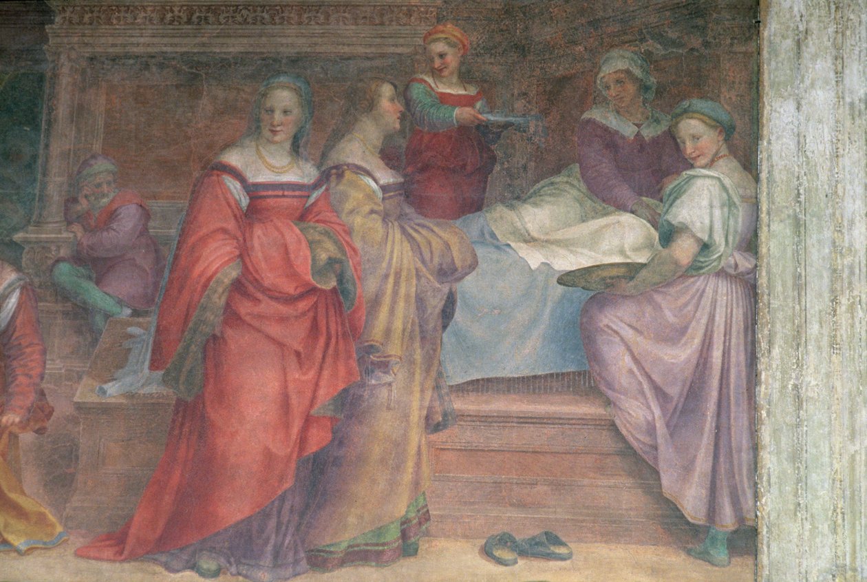 Slaapkamerscène, uit de Geboorte van de Maagd (detail) door Andrea del Sarto