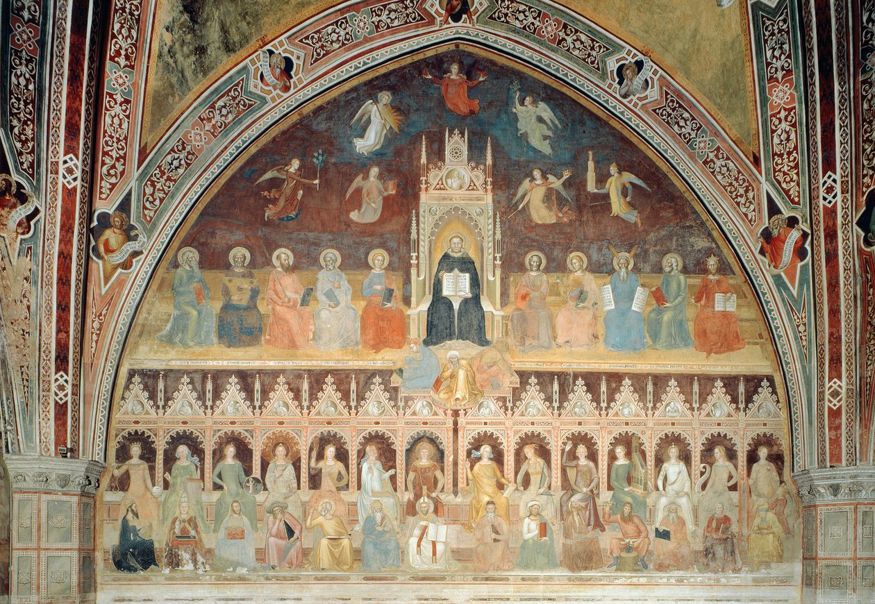 De triomf van de katholieke leer, gepersonifieerd in St. Thomas van Aquino, uit de Spaanse kapel, ca. 1365 door Andrea di Bonaiuto