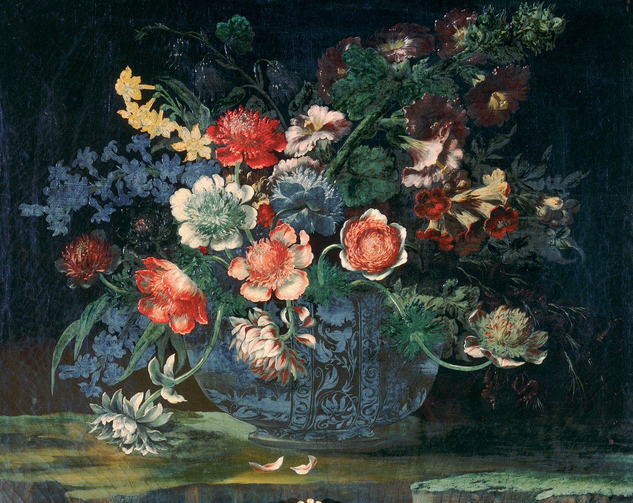 Kom van Chinees porselein met een bos bloemen door Andrea the Elder Scacciati