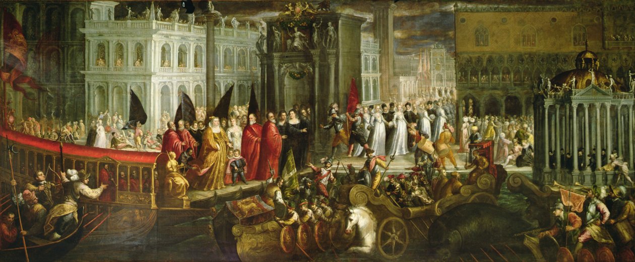 Aankomst van de Dogaressa Morosina Morosini Grimani in het Dogepaleis, Venetië, c.1600 door Andrea Vicentino