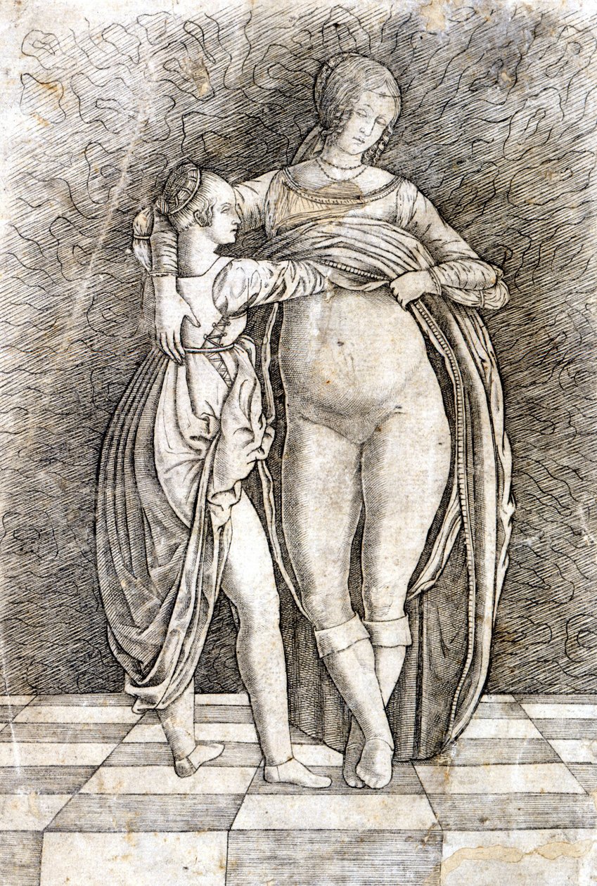 Een jong meisje kleedt een vrouw uit. Gravure door Andrea Zoan. 15e eeuw door Andrea (attr. to) Zoan