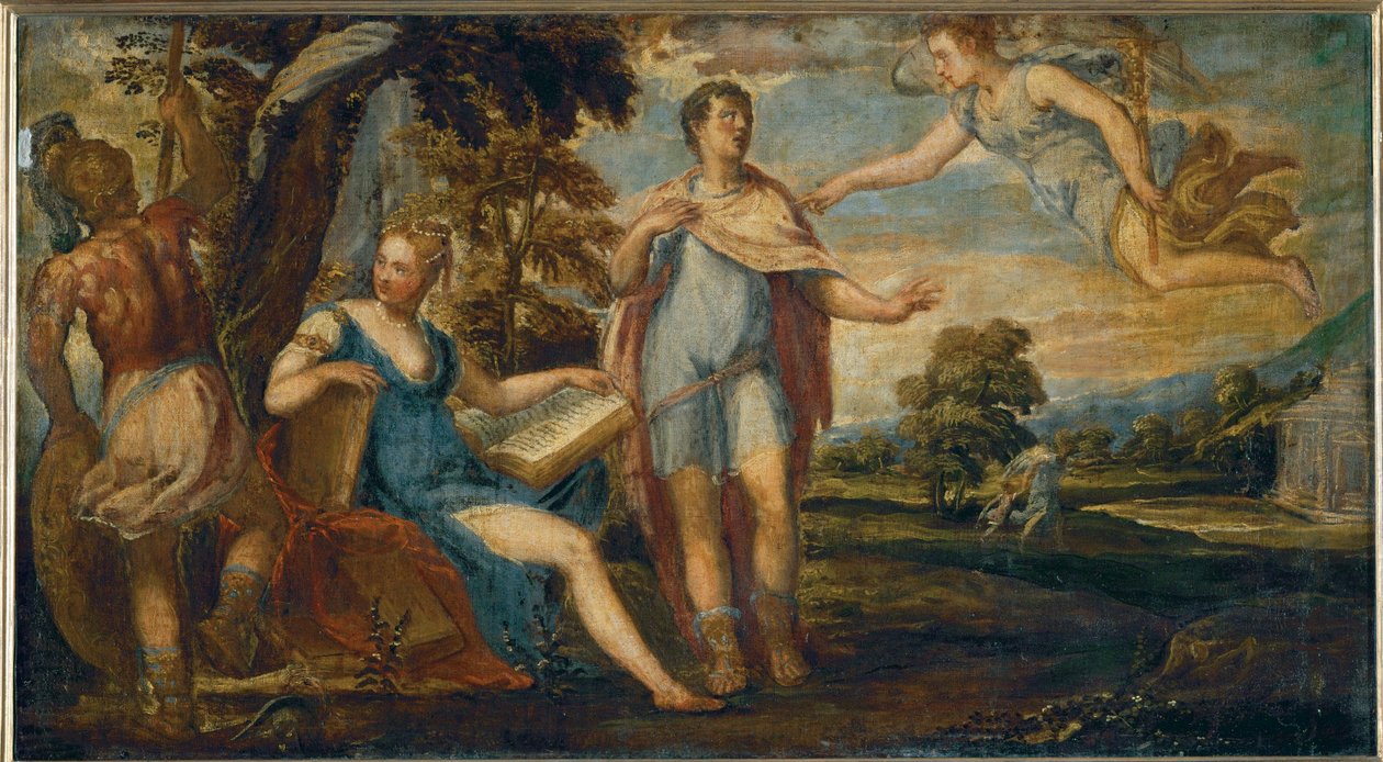 Aeneas neemt afscheid van Dido (schilderij op doek) door Andrea (fl.1527/30-63) Schiavone