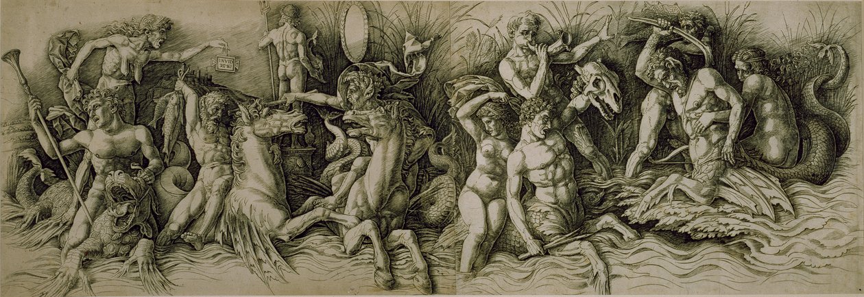 Slag van de Zeegoden (pen & bruine inkt op papier) door Andrea (workshop of) Mantegna