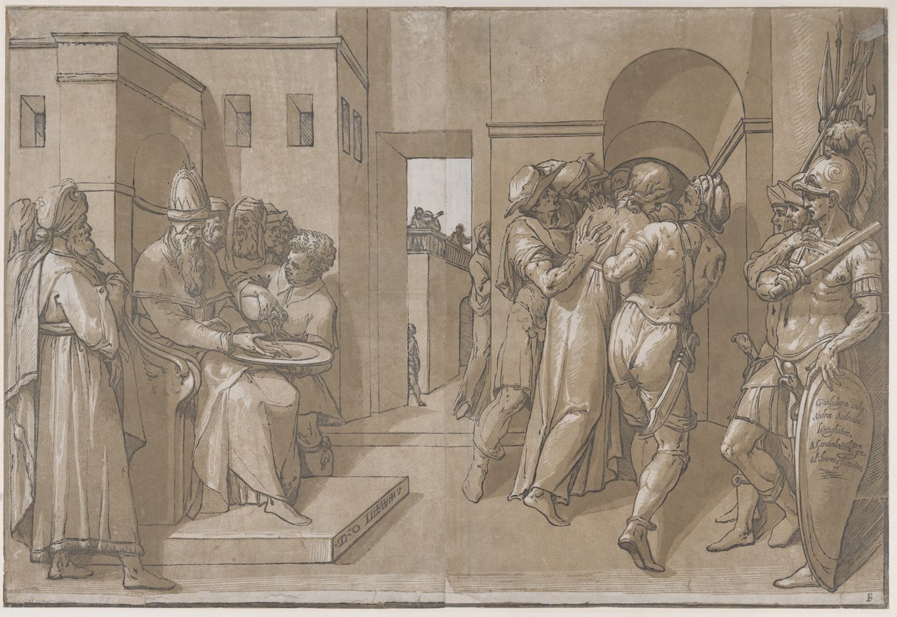 Christus wordt weggeleid, soldaten staan aan de rechterkant van het blad, 1585 door Andrea Andreani
