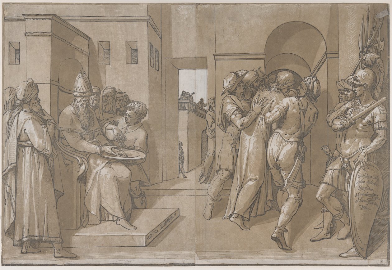 Pilatus wast zijn handen aan de linkerkant van het blad, 1585 door Andrea Andreani