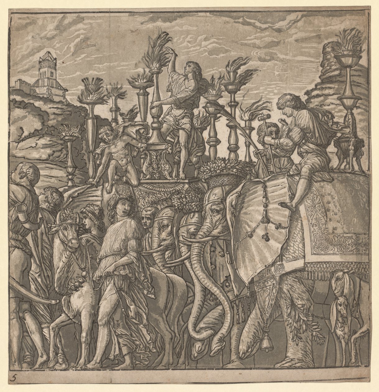 De triomf van Julius Caesar: Olifanten die fakkels dragen, 1593-99 door Andrea Andreani