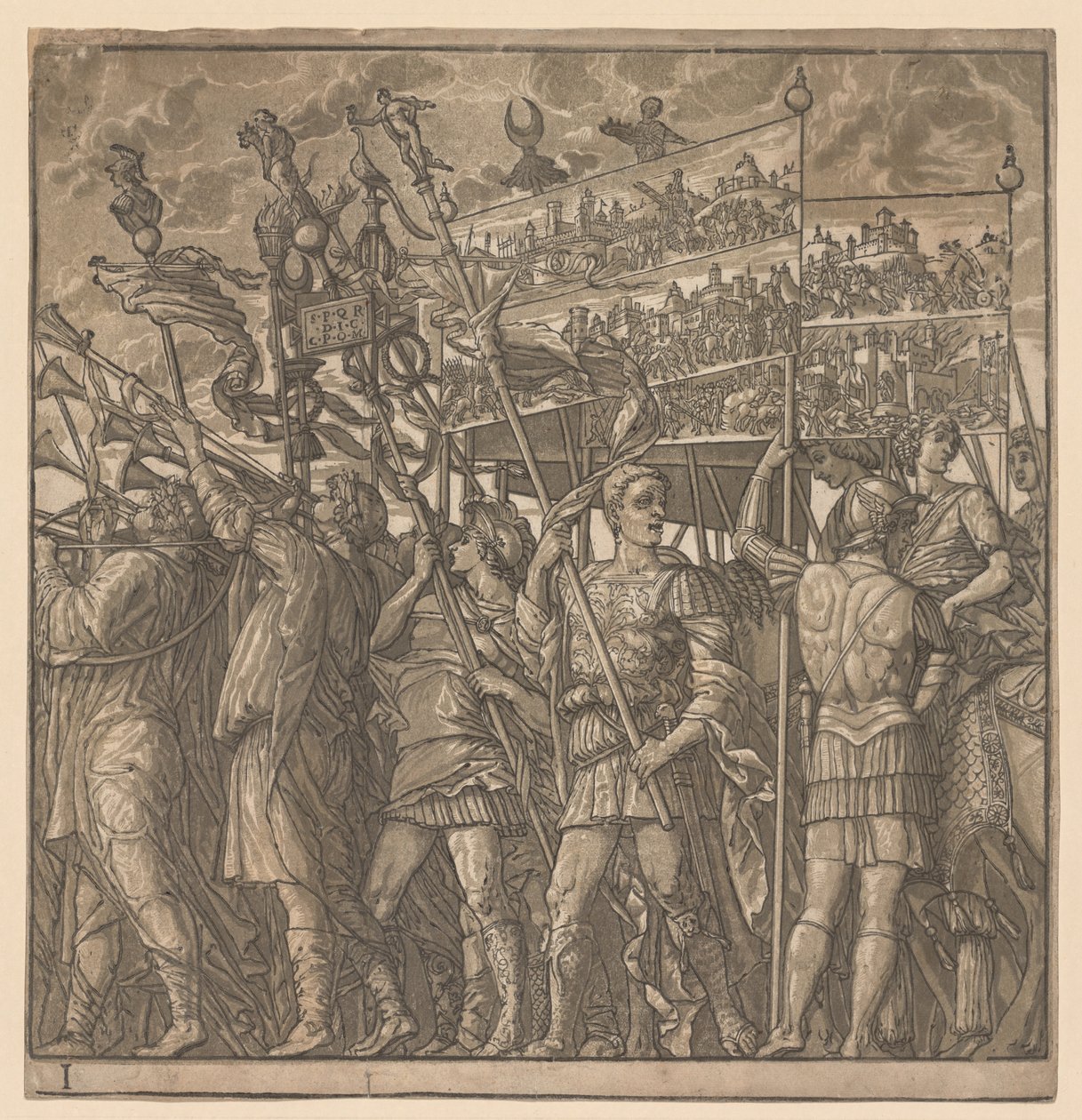 De Triomf van Julius Caesar: Soldaten die de Afbeeldingen van de Oorlog Dragen door Andrea Andreani