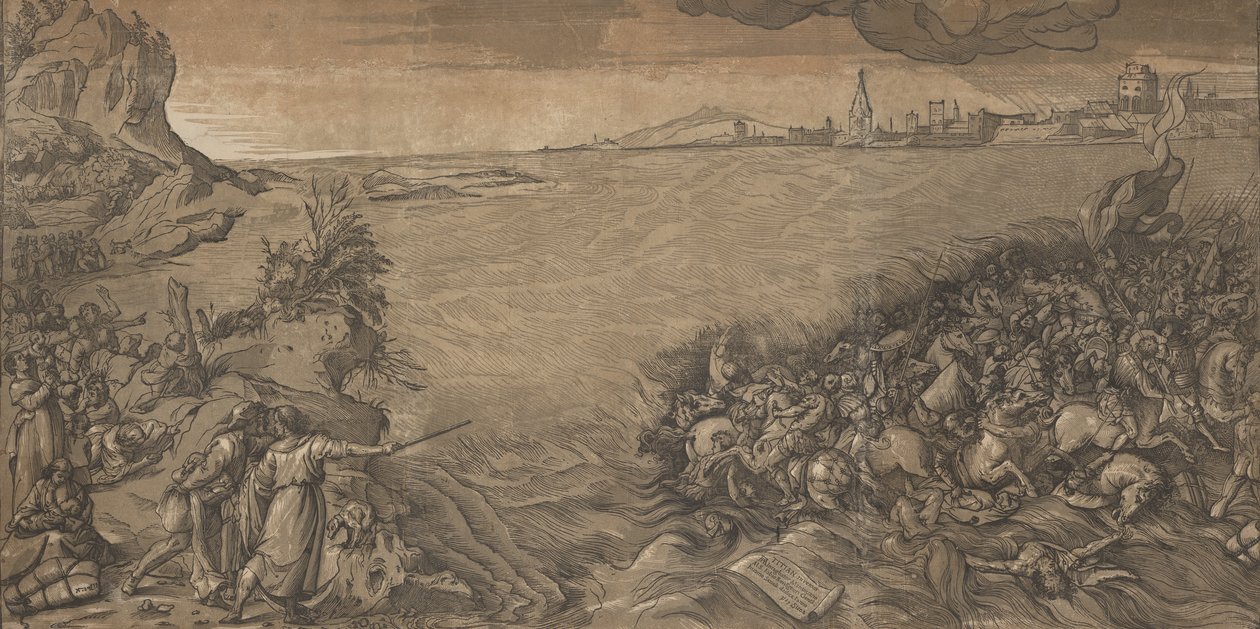 De oversteek van de Rode Zee, Mozes staat links en wijst naar het leger dat wordt ondergedompeld door Andrea Andreani