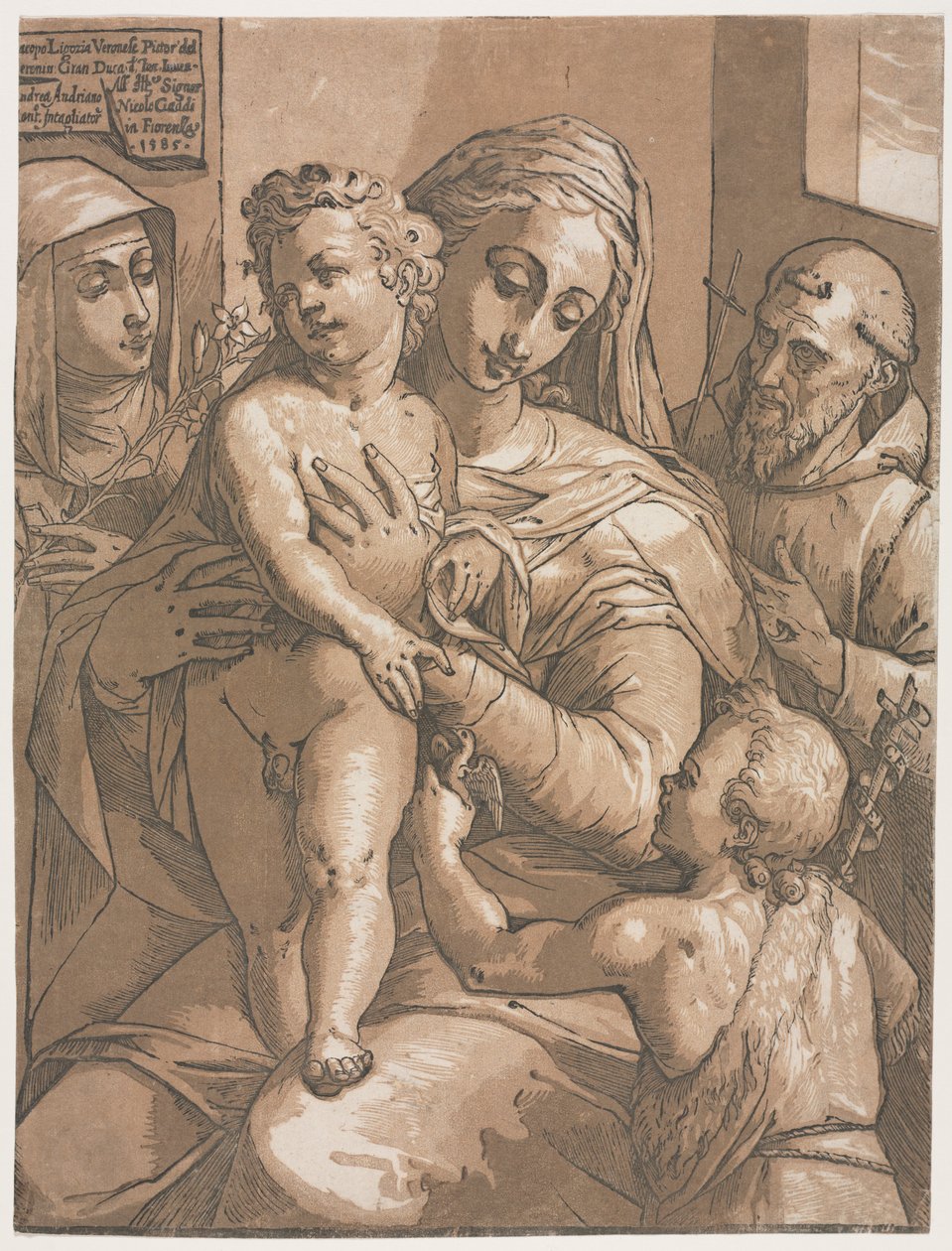Maagd en Kind met St. Johannes, St. Catharina van Siena en St. Franciscus door Andrea Andreani