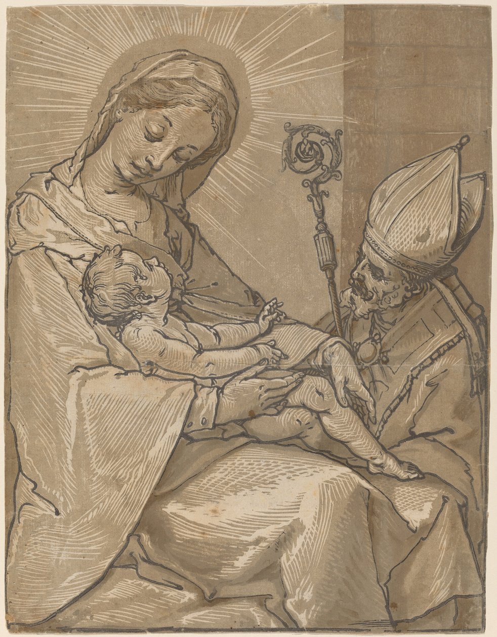 Madonna en kind met een bisschop door Andrea Andreani after Alessandro Casolani
